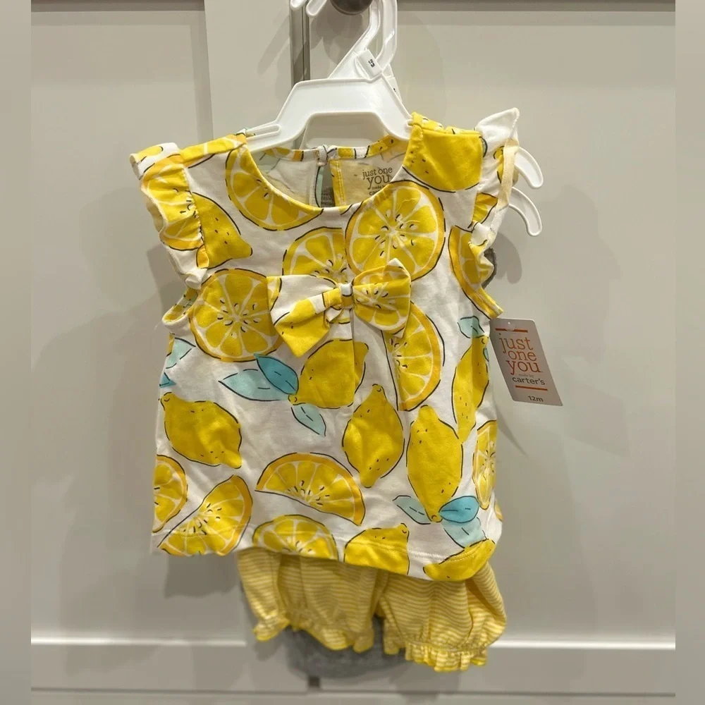 Carter's 3 Piece Set - Yellow Lemon Print Baby Romper and Onesie - 12M NWT - Picture 1 of 4